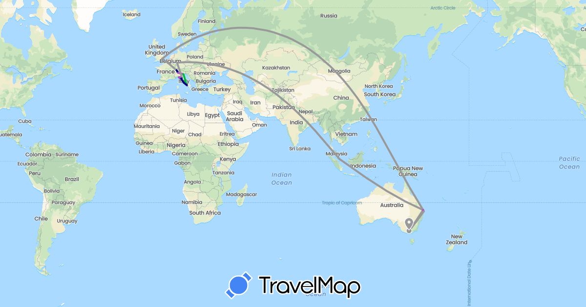 TravelMap itinerary: driving, bus, plane, train in Australia, Switzerland, Germany, United Kingdom, Italy, Singapore (Asia, Europe, Oceania)